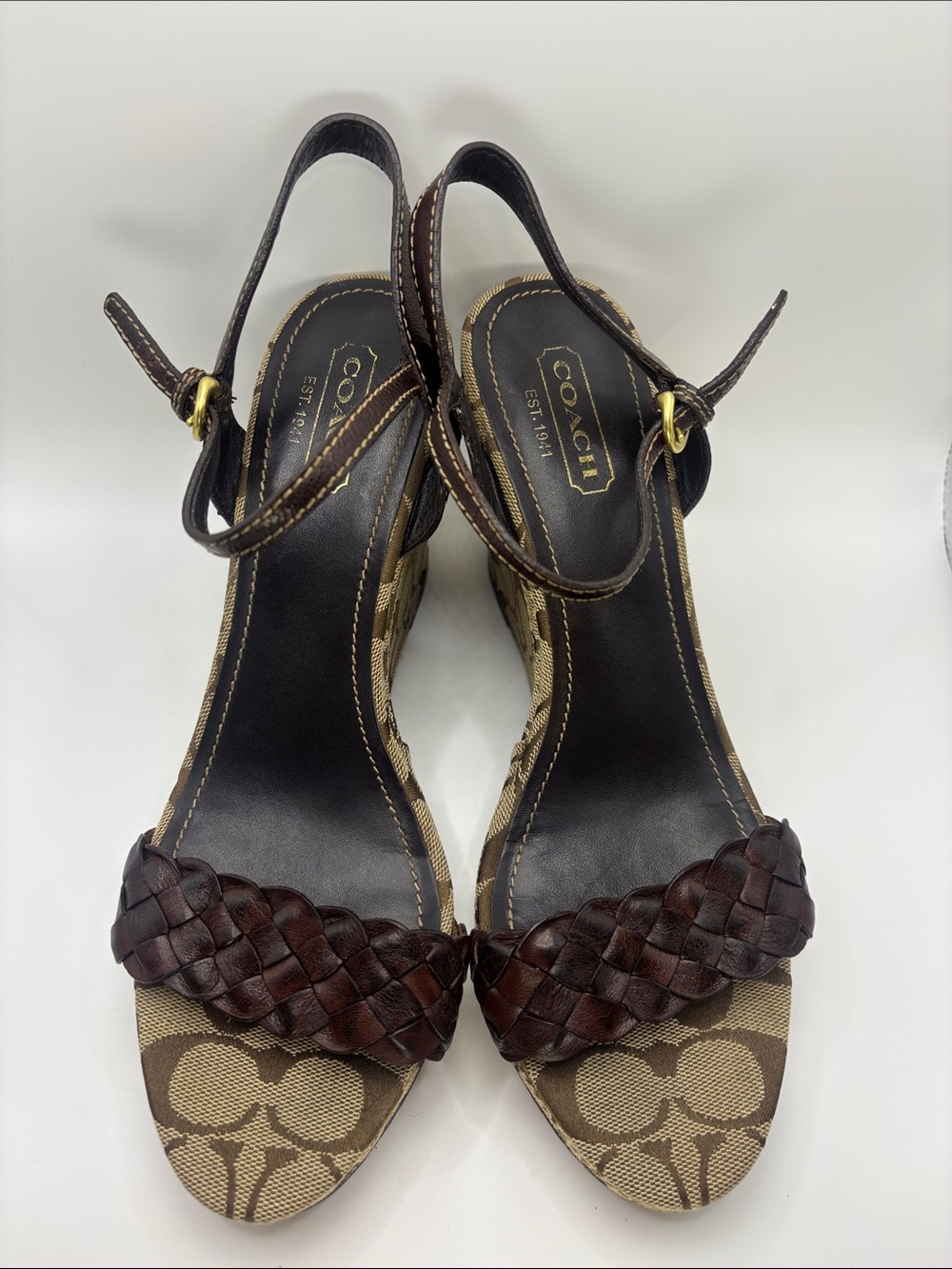Coach Brown Signature Woven Leather Wedge Sandals